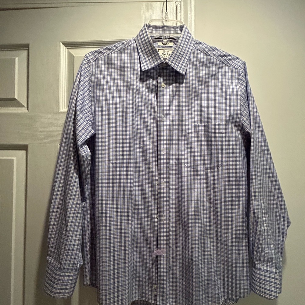 Jos. A. Bank Blue and White Spread Collar Plaid Dress Shirt
